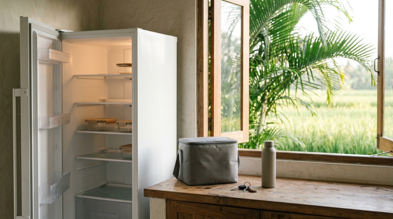 A villa kitchen with an open, almost empty fridge, a plain grey cool bag, a bottle and keys on a wooden counter by a rice-field window