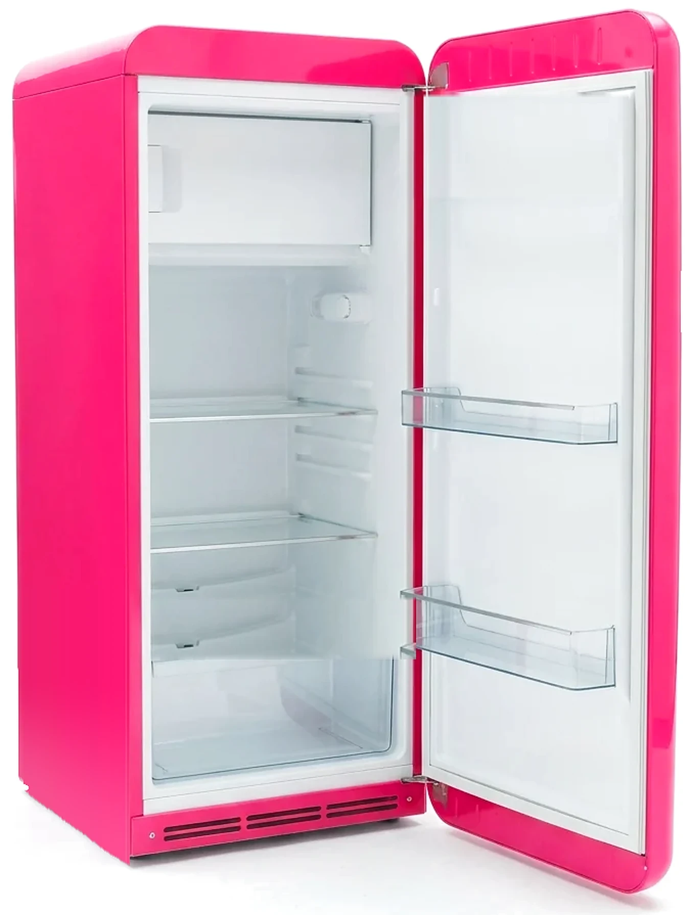 A pink fridge, door open. Four real Naked Protein packs stand on its glass shelves, each about a third of a shelf wide.