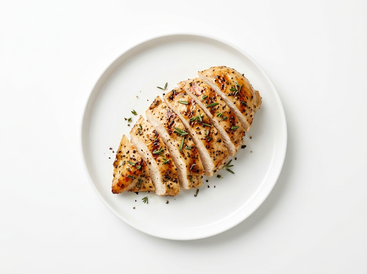 Sliced seasoned chicken breast on a white plate